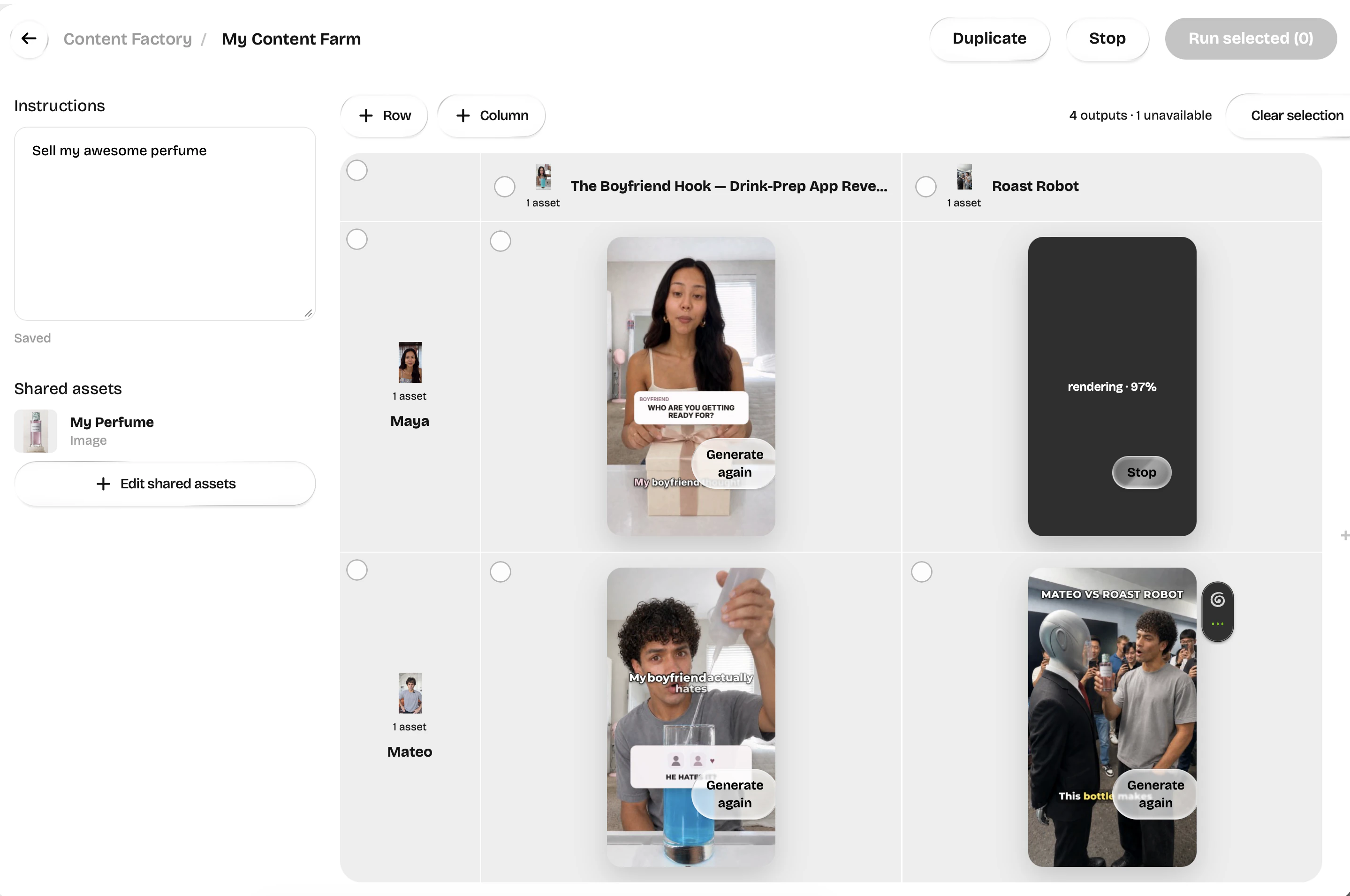 Content Factory combining influencer rows and trend columns to create videos in a batch